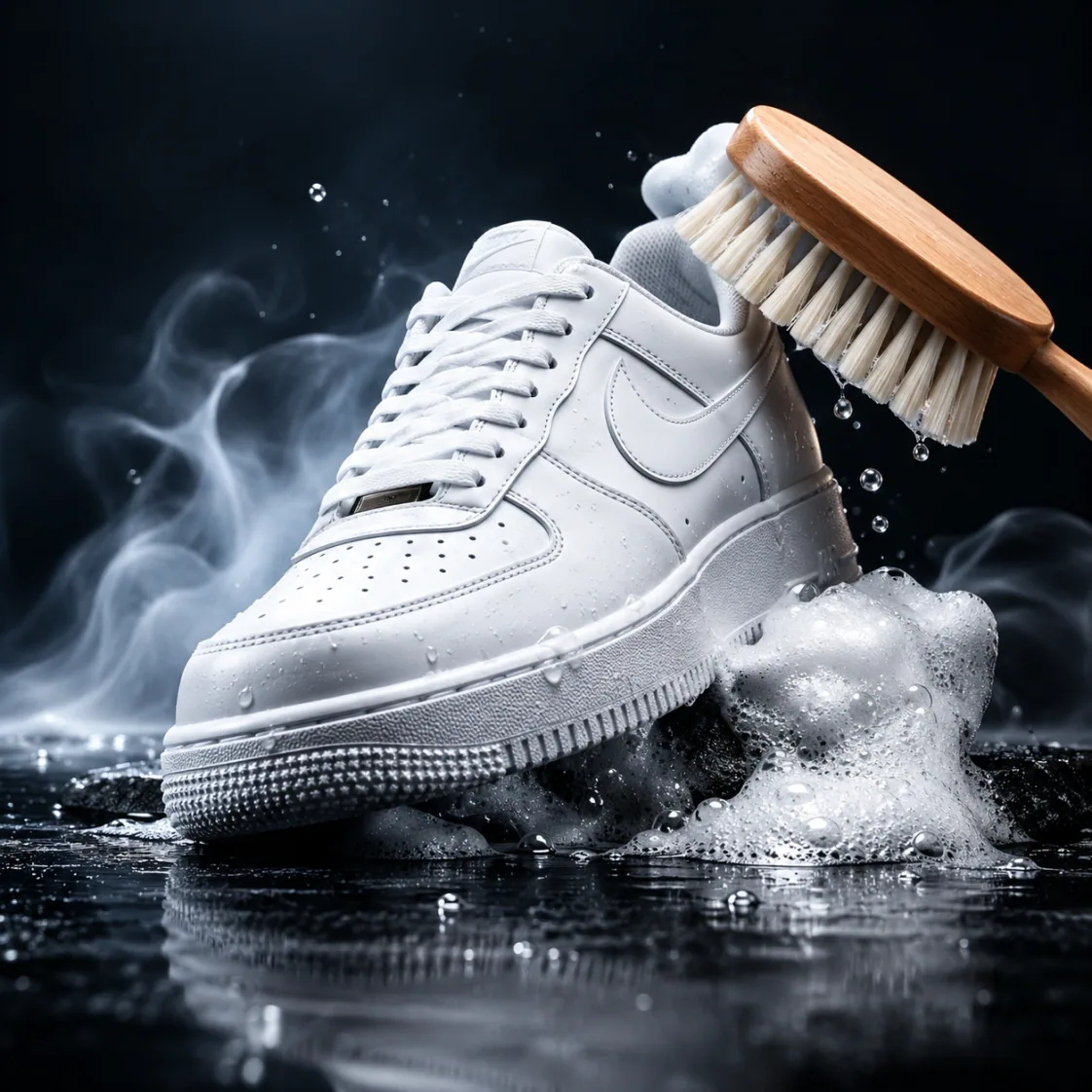 White sneaker being cleaned with a brush