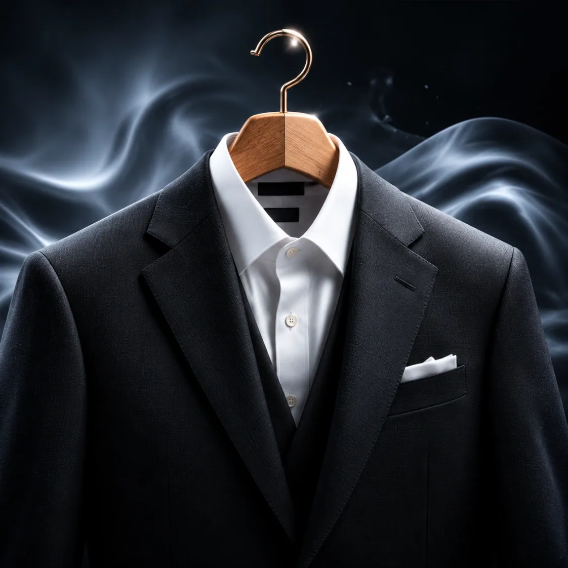 Dark tailored suit and white shirt on a hanger